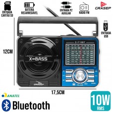 Caixa de Som Bluetooth Retrô D-F10BT Grasep - Azul